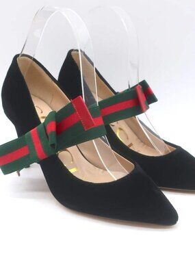 Gucci Web Bow Pointed Toe Pumps Black Velvet Size 36 NEW